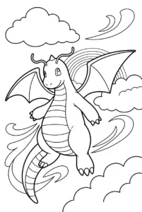 Dragonite flying happily through clouds to color online