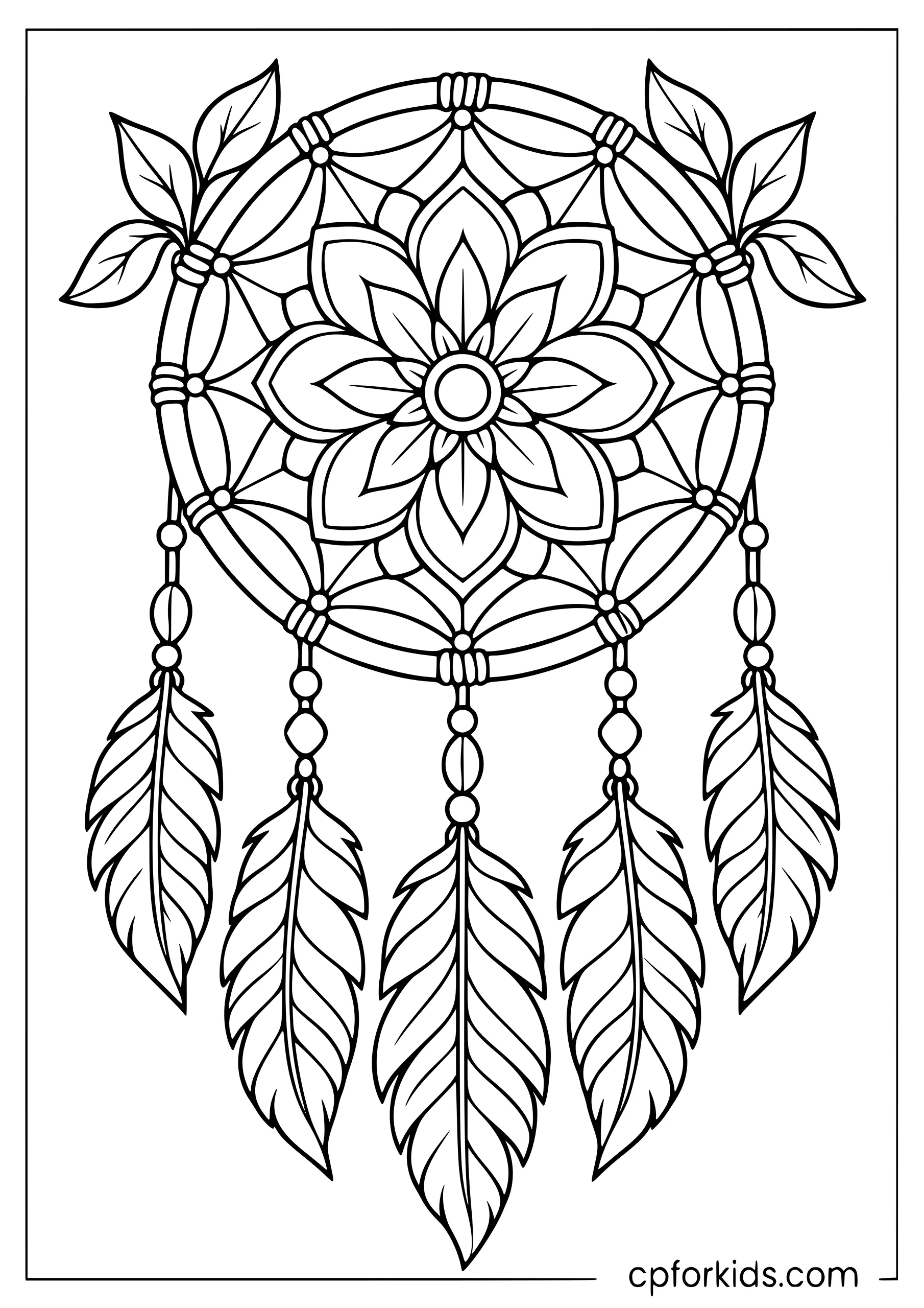 Floral dreamcatcher mandala with beads and five feathers