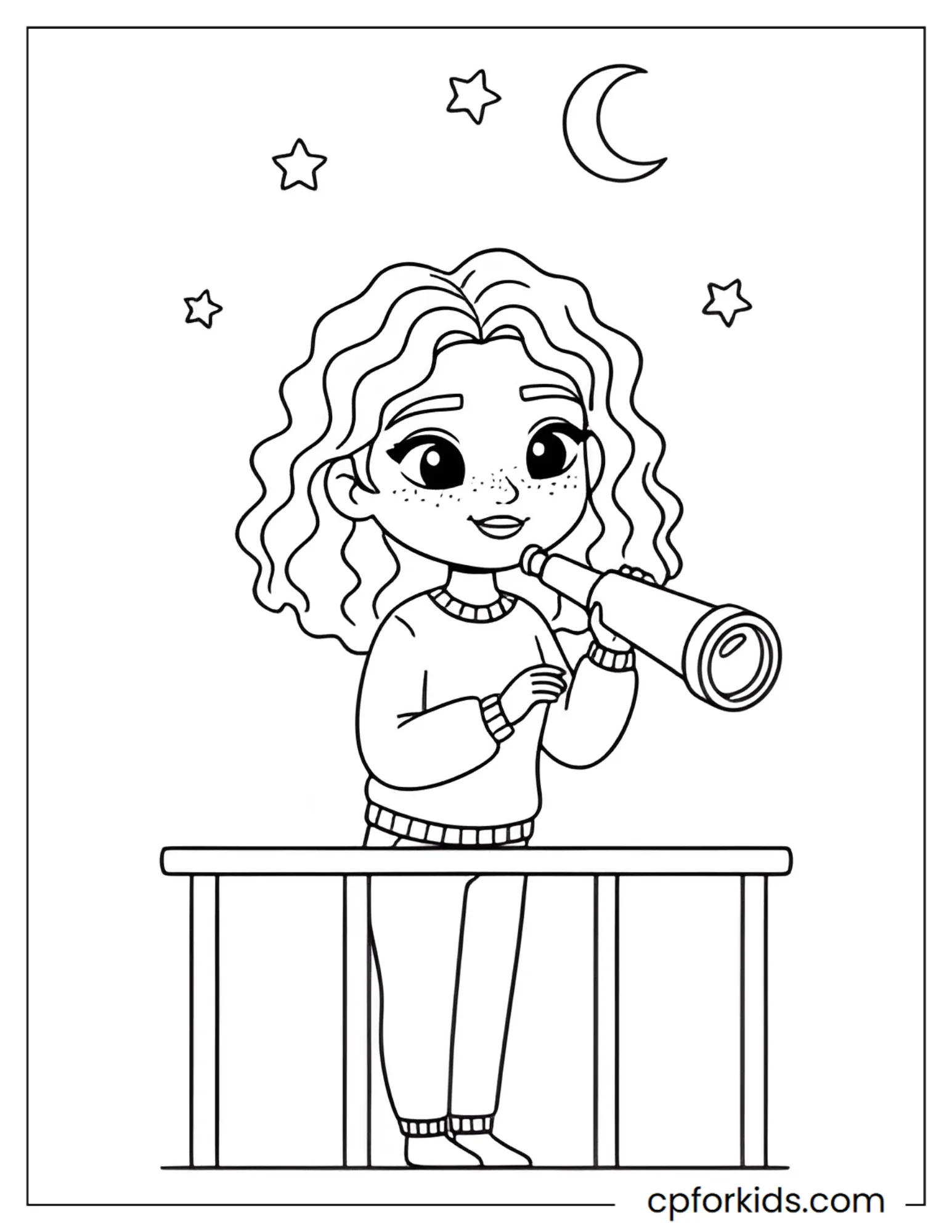 Curly hair princess looking at stars through a telescope