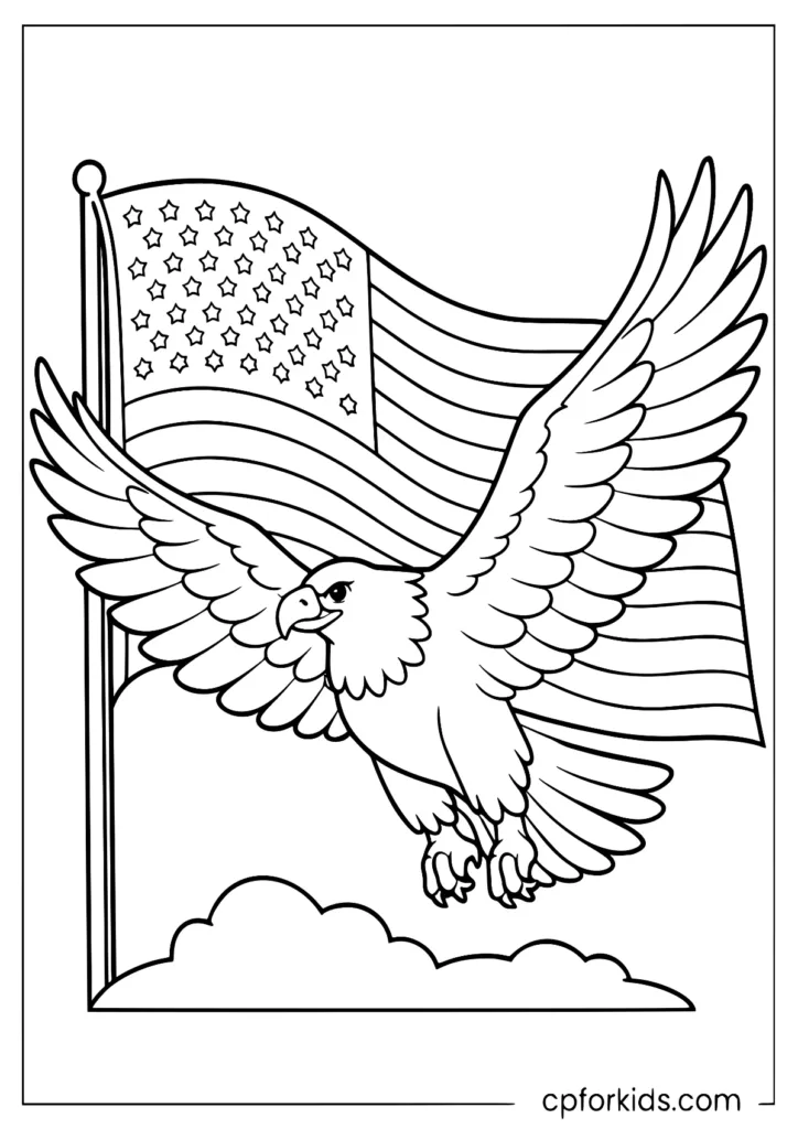 Eagle with American flag coloring page with a detailed patriotic theme