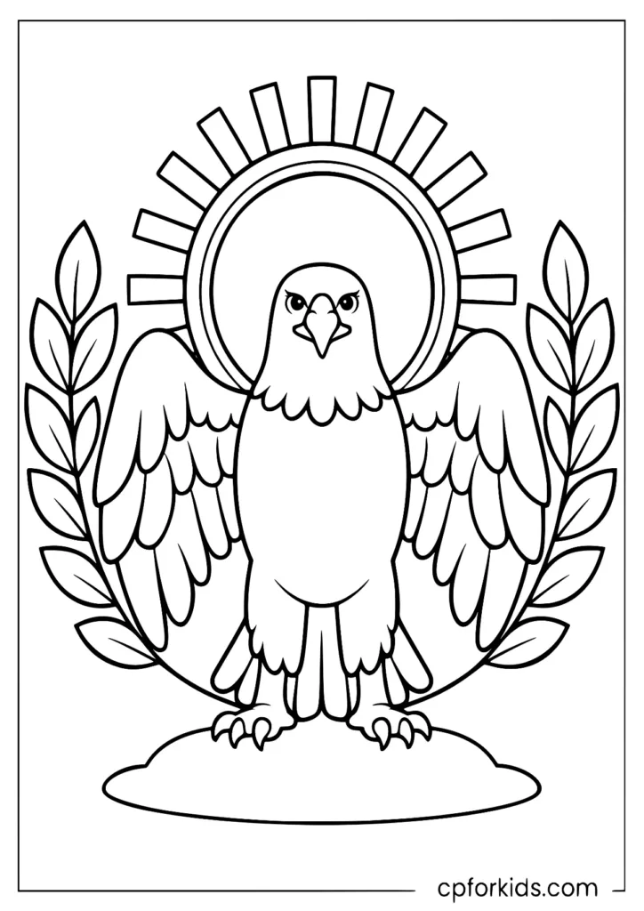 Simple eagle drawing with a sun, printable for kids.