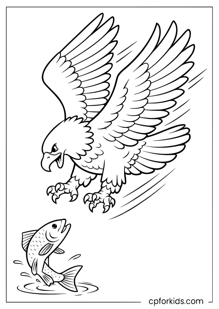 Eagle diving to catch a fish action pose coloring page
