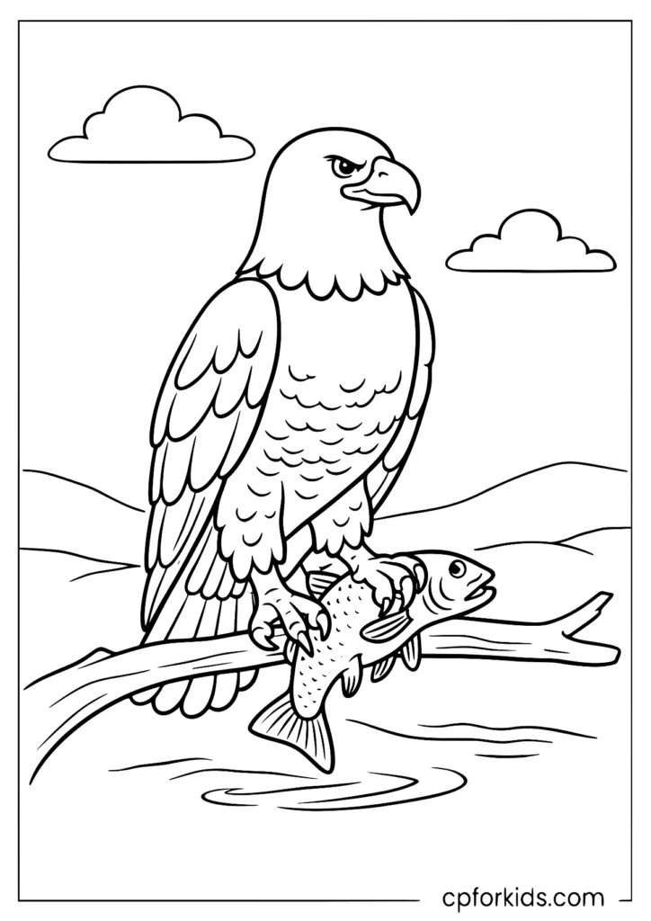 Eagle holding and eating a fish coloring sheet