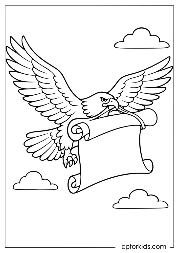 Eagle flying with a scroll coloring page in a freedom theme
