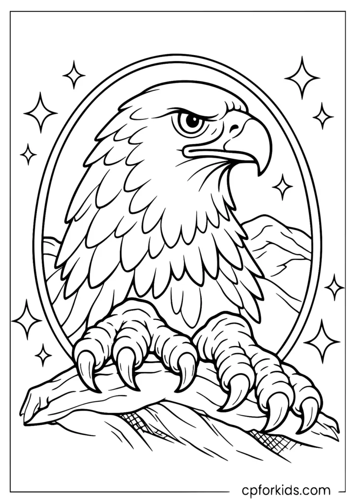 Eagle head and talons close-up coloring page with strong outlines