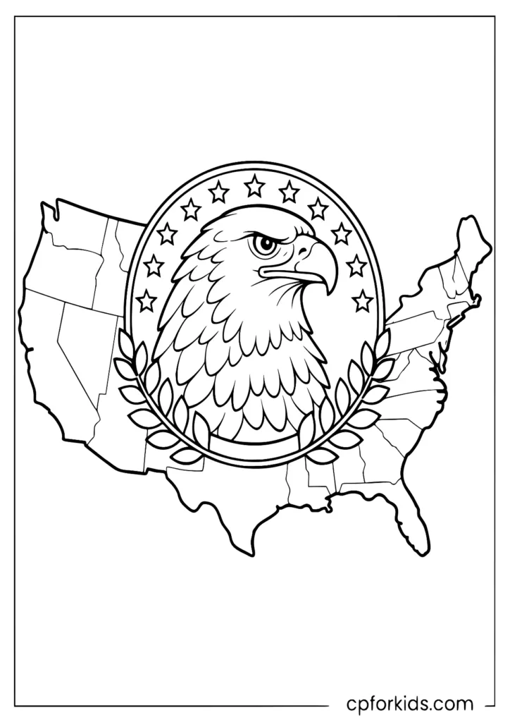 Bald eagle head inside a USA map outline coloring page