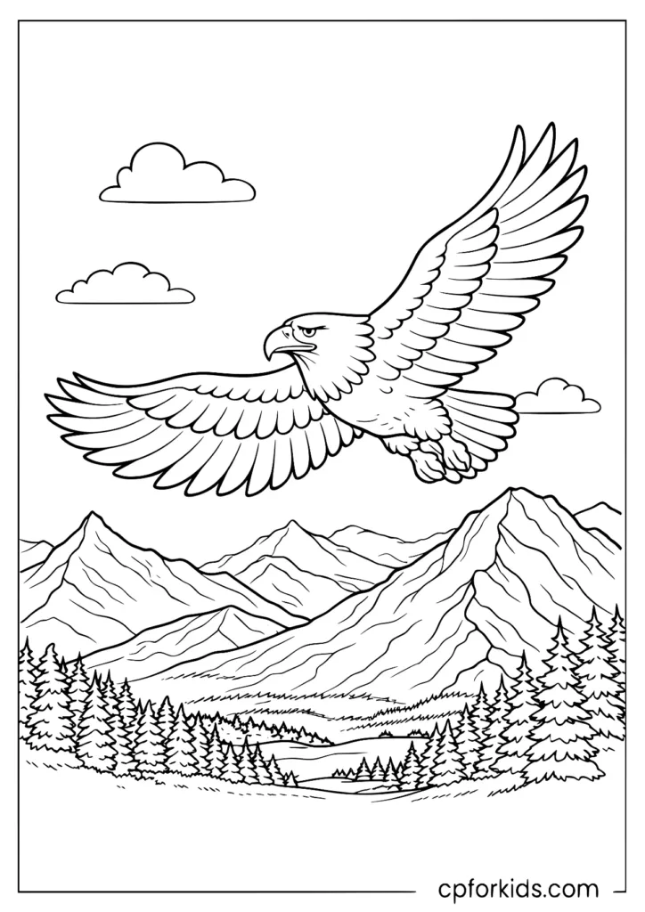 Eagle in flight over mountains coloring page with detailed background.