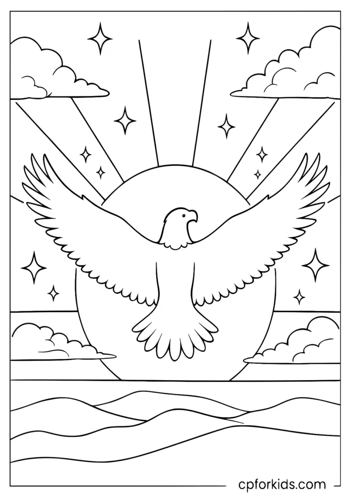 Eagle silhouette against a sunset coloring page with bold shapes