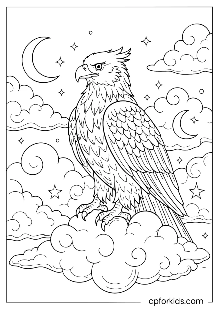 Eagle sitting on a cloud fantasy coloring sheet for kids.