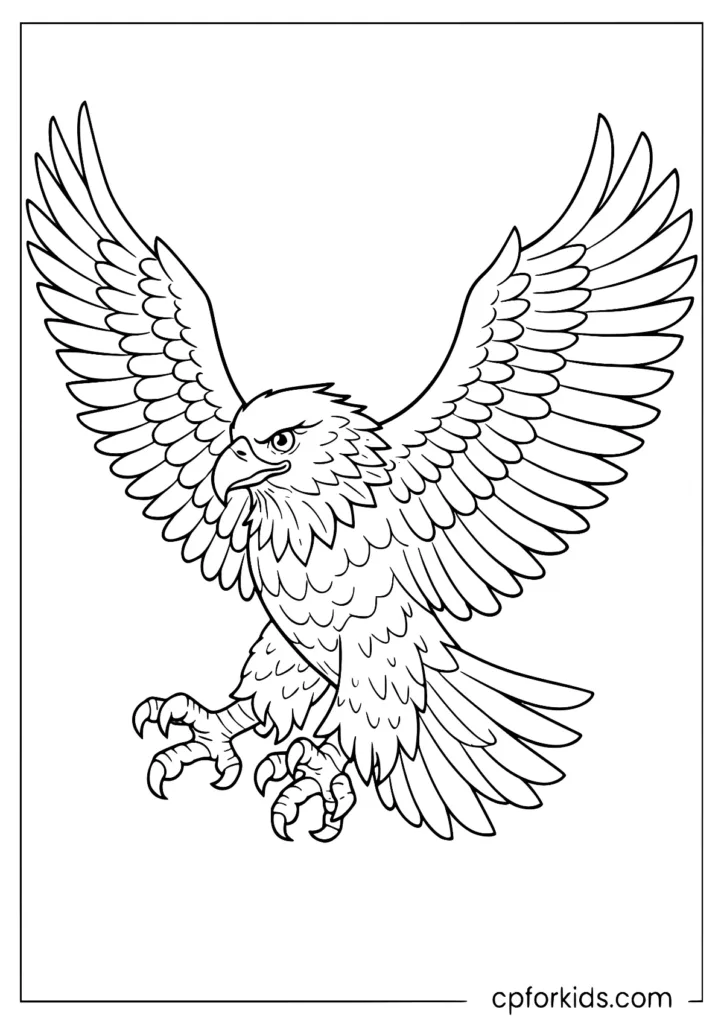 Eagle with wings spread wide, ready to land coloring page.
