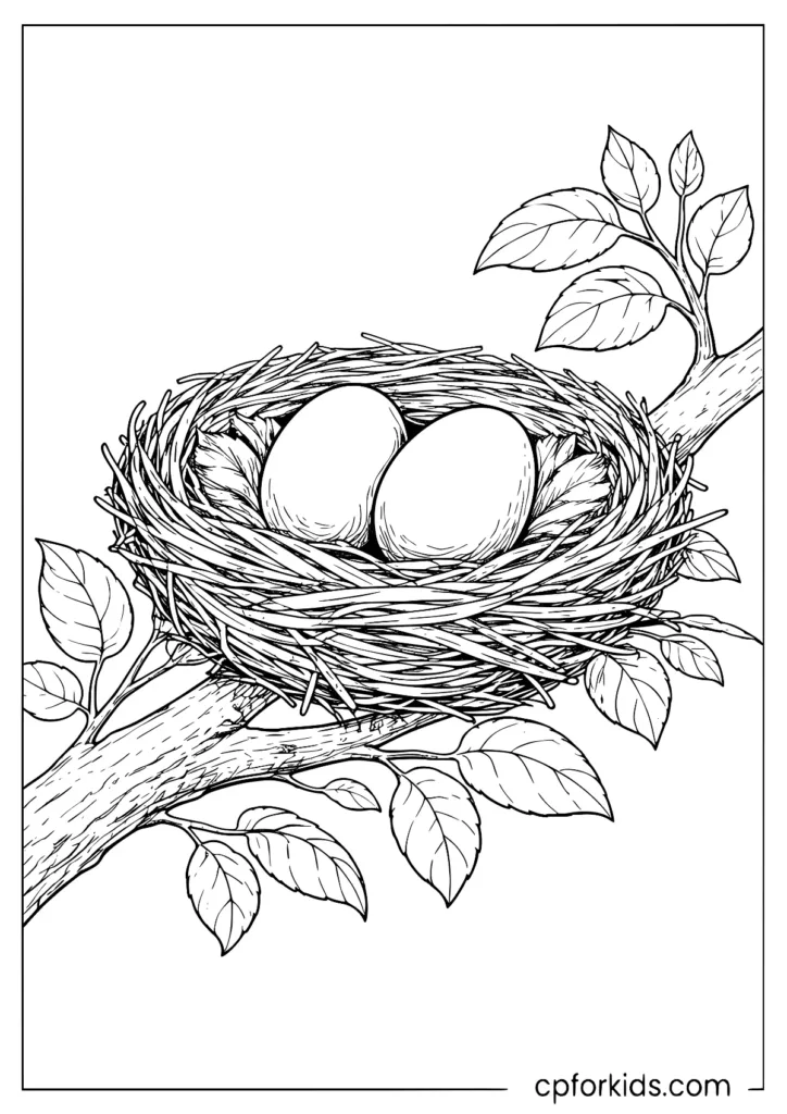 Eagle nest with two eggs coloring page in a realistic style.