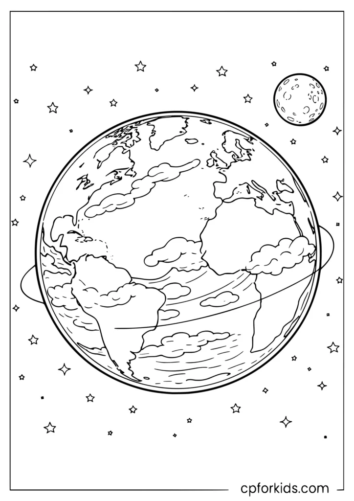Earth coloring page showing detailed continent outlines and ocean areas from space