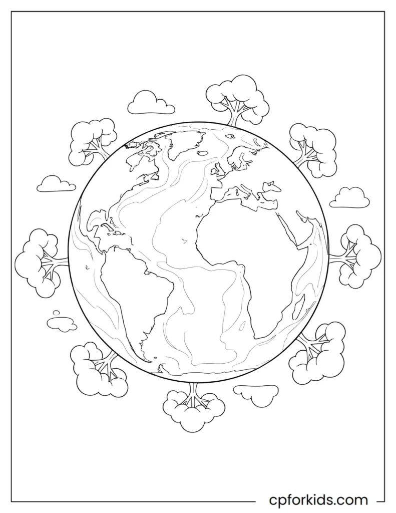 Earth science coloring page showing the planet with simple environmental elements.