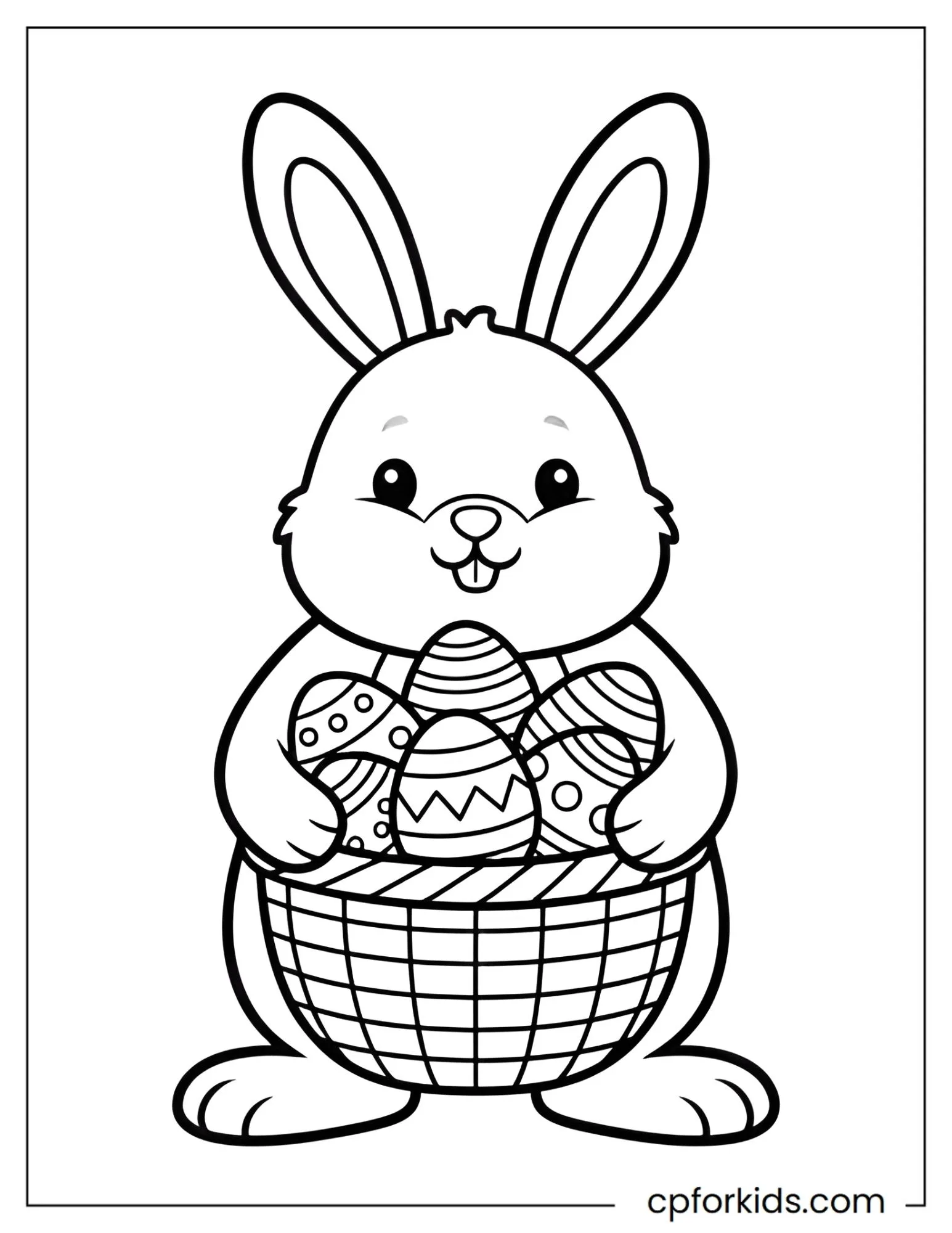 Easter bunny carrying a basket of decorated eggs