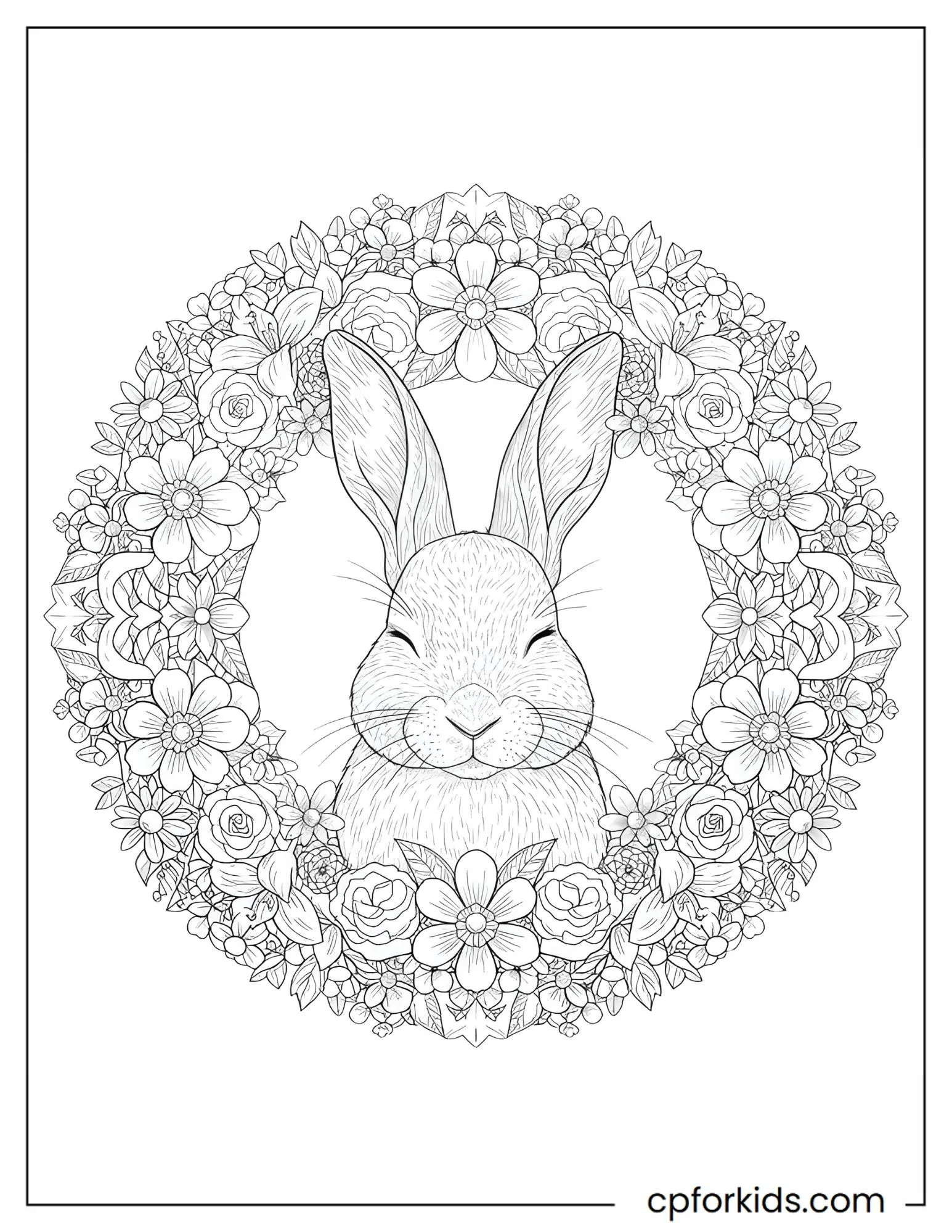 Easter bunny sitting inside a detailed floral frame