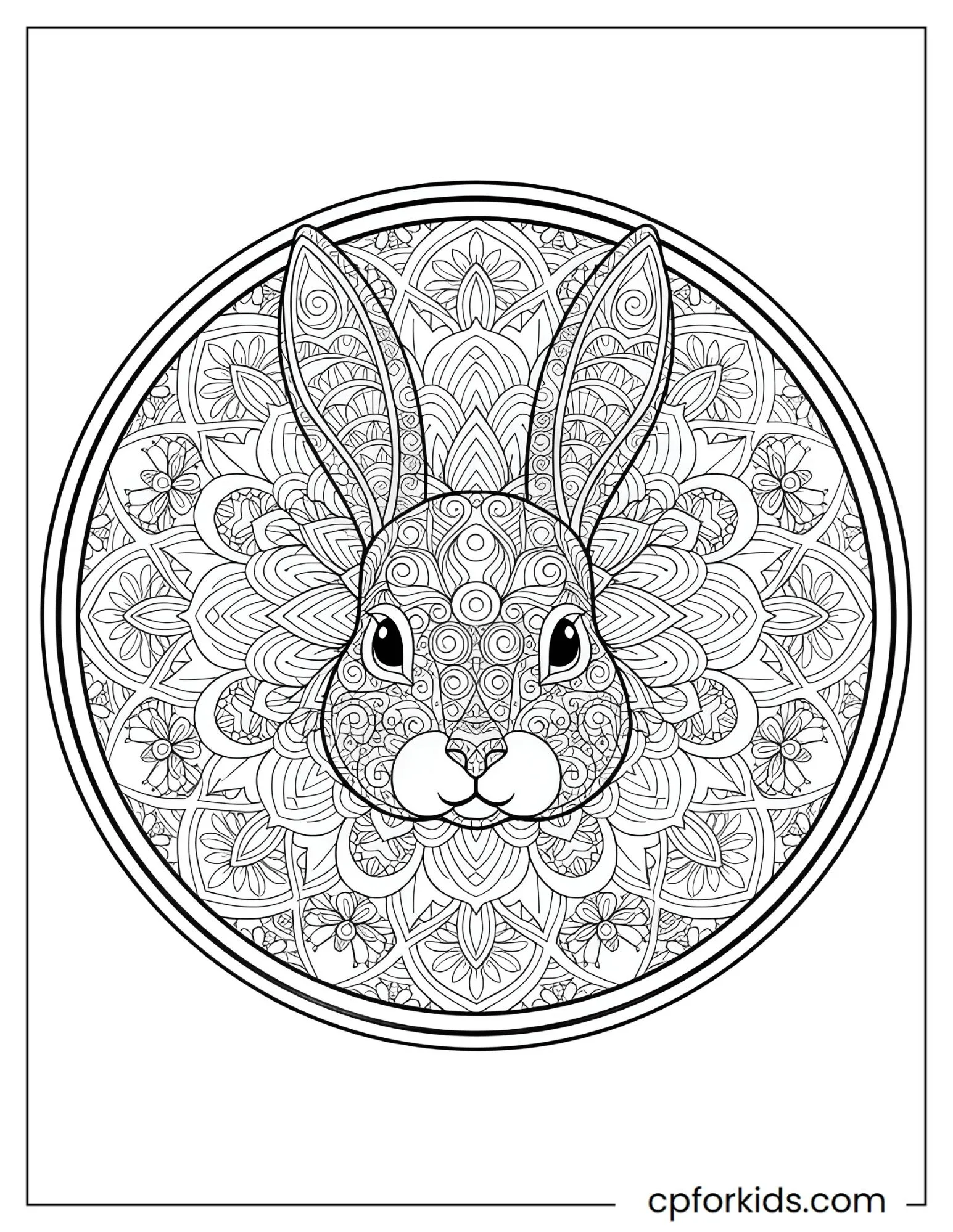 Easter bunny centered inside a symmetrical mandala