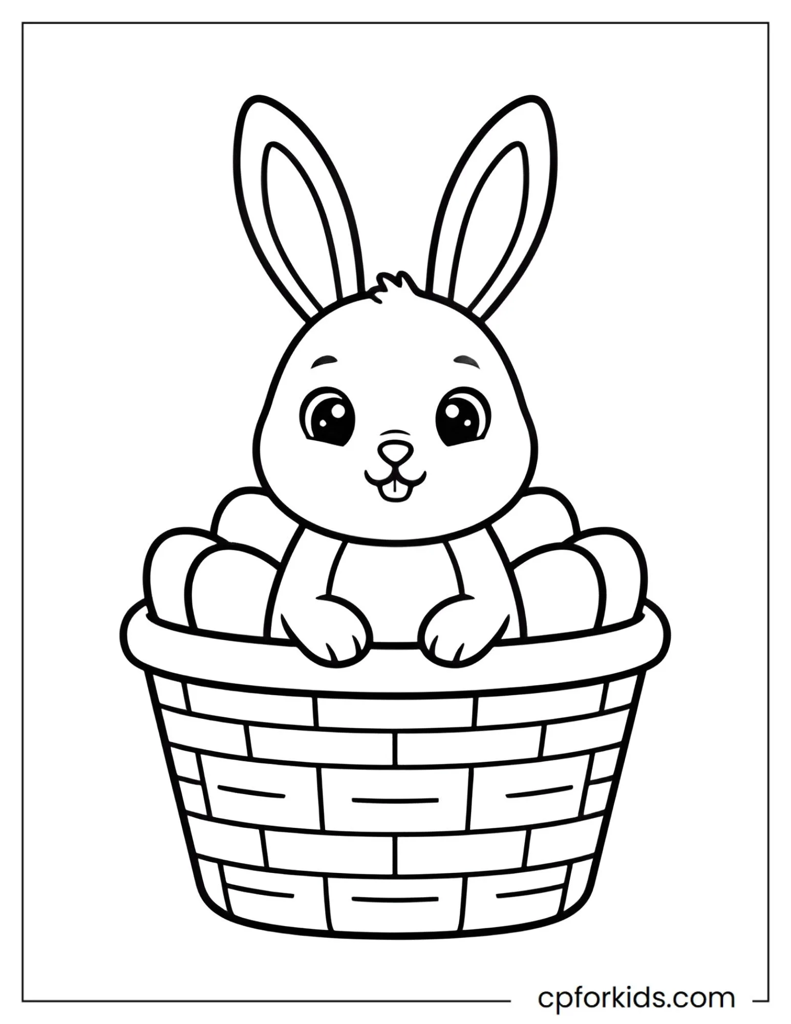 Easter bunny sitting inside a basket with eggs