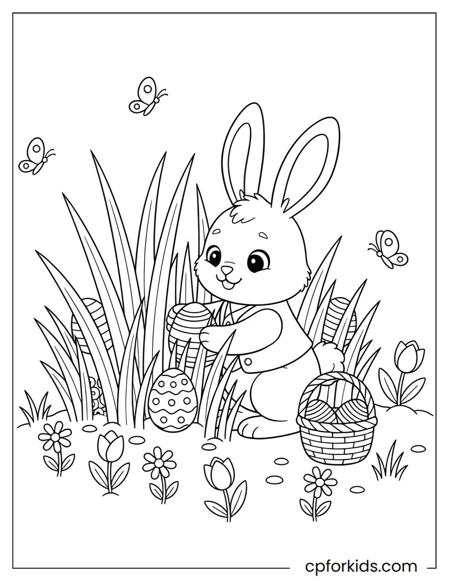 Easter bunny searching for eggs in grass