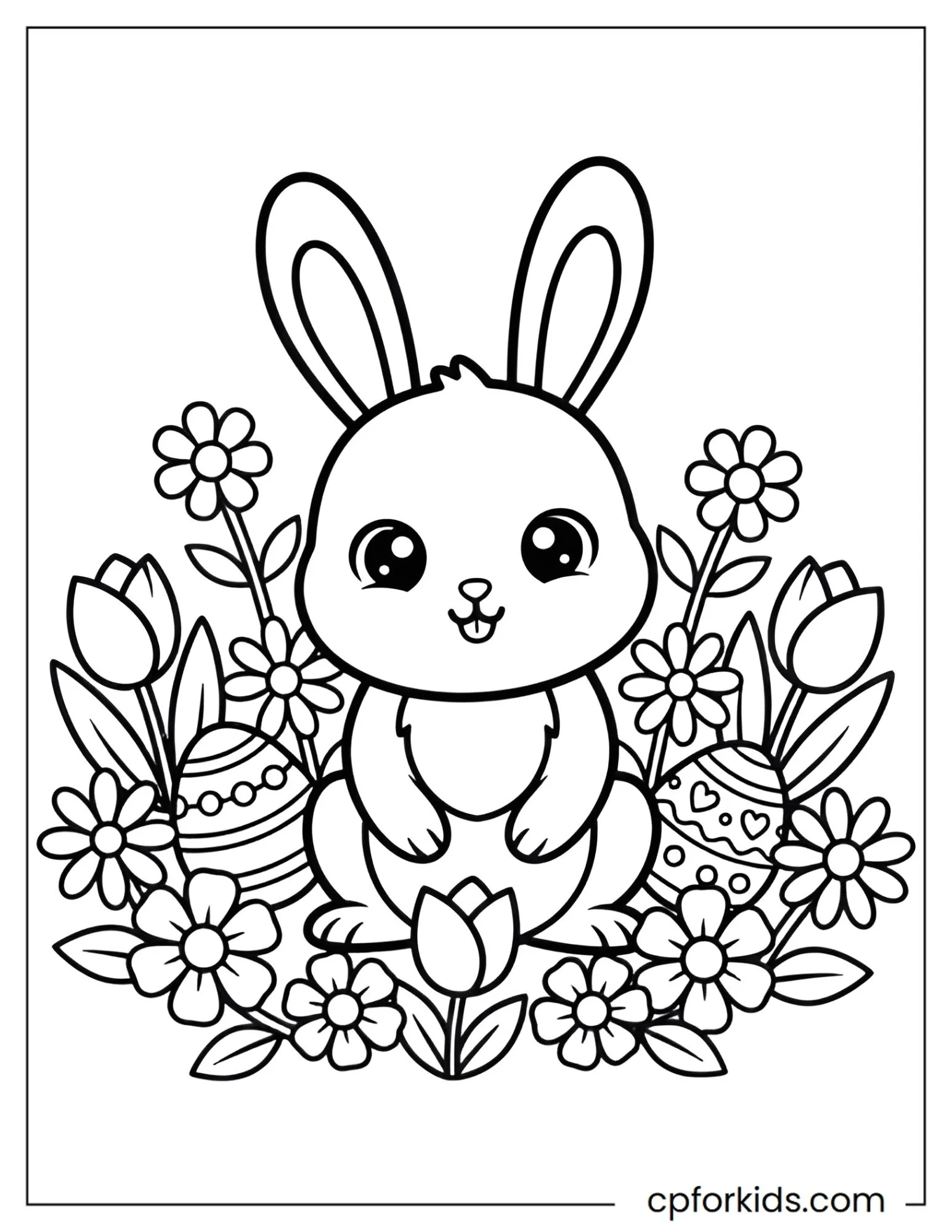 Easter bunny standing beside large spring flowers
