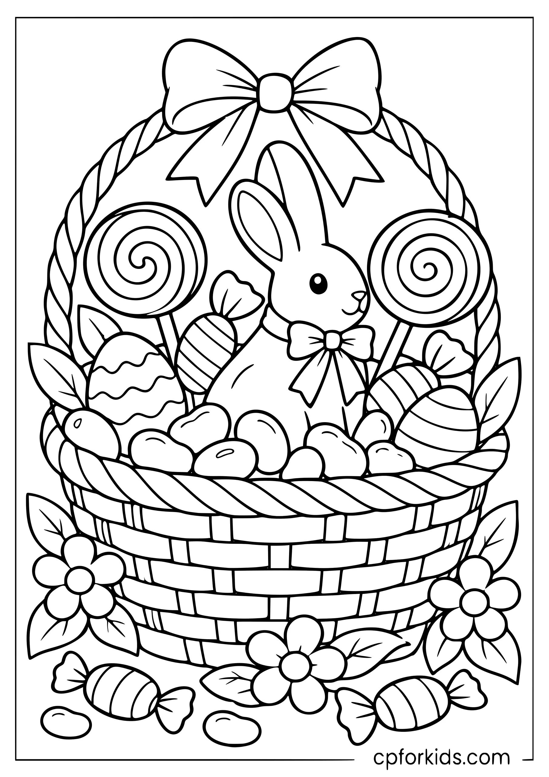 Easter basket filled with candy, jelly beans, and a chocolate bunny