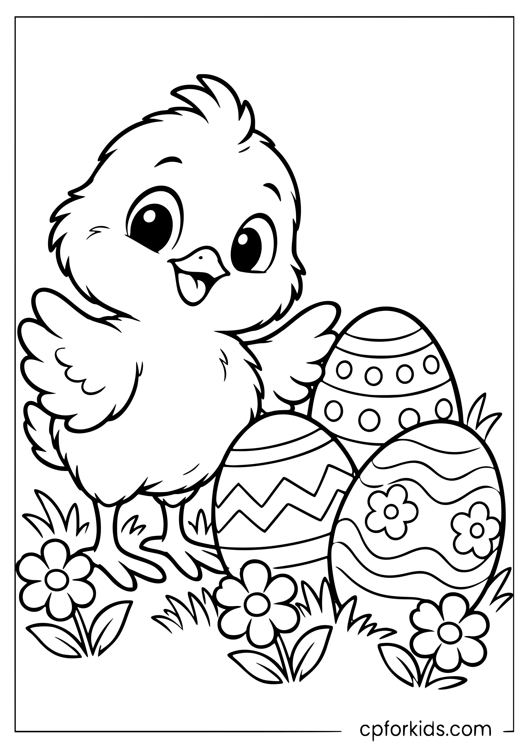 Easter chick standing beside decorated eggs