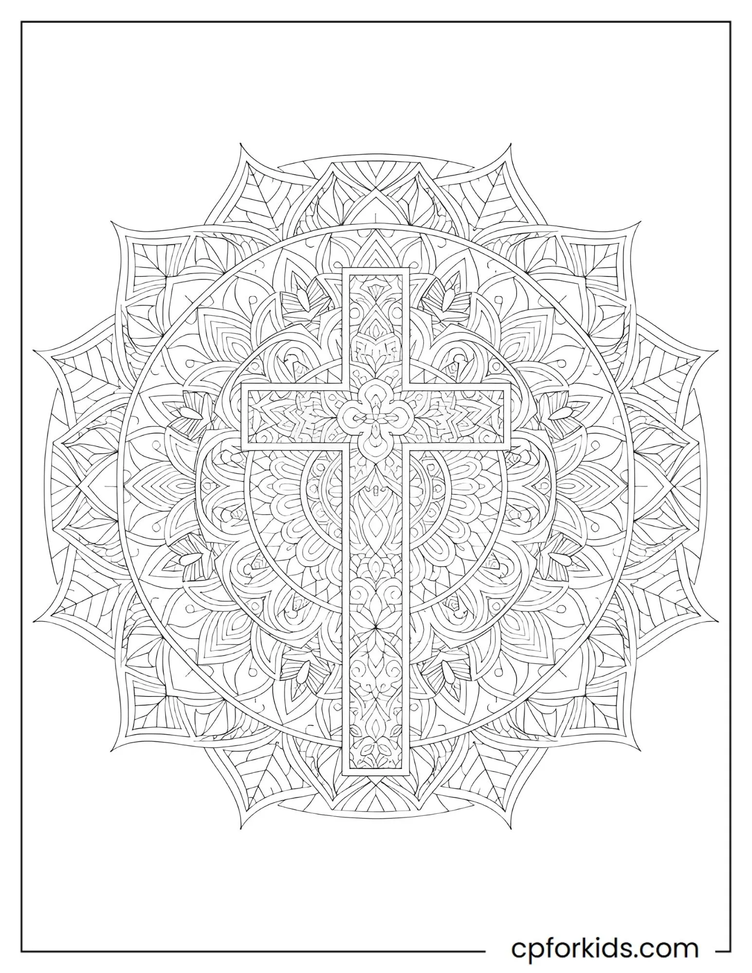 Christian cross centered inside a floral mandala