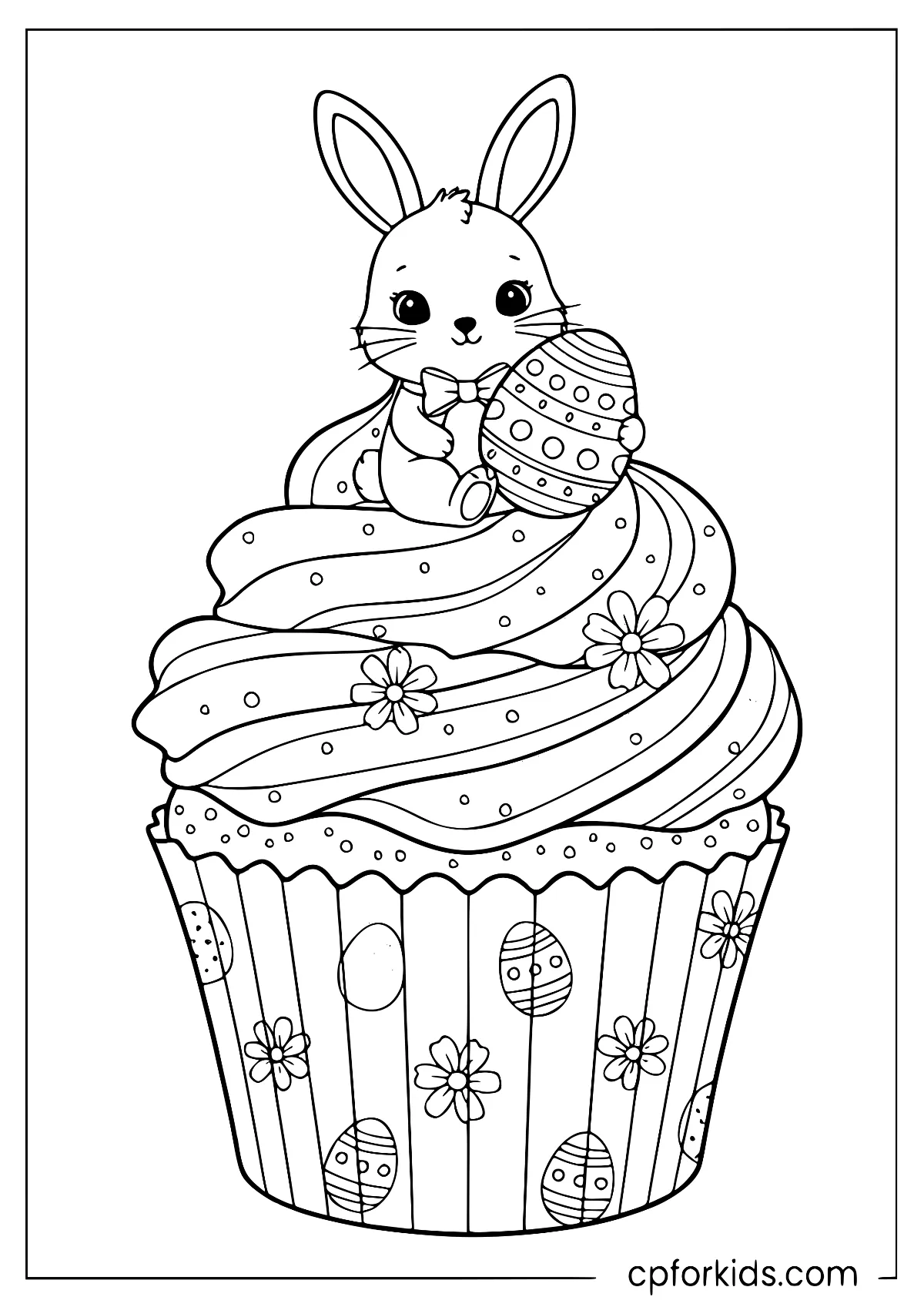 Easter bunny beside a cupcake and decorated egg