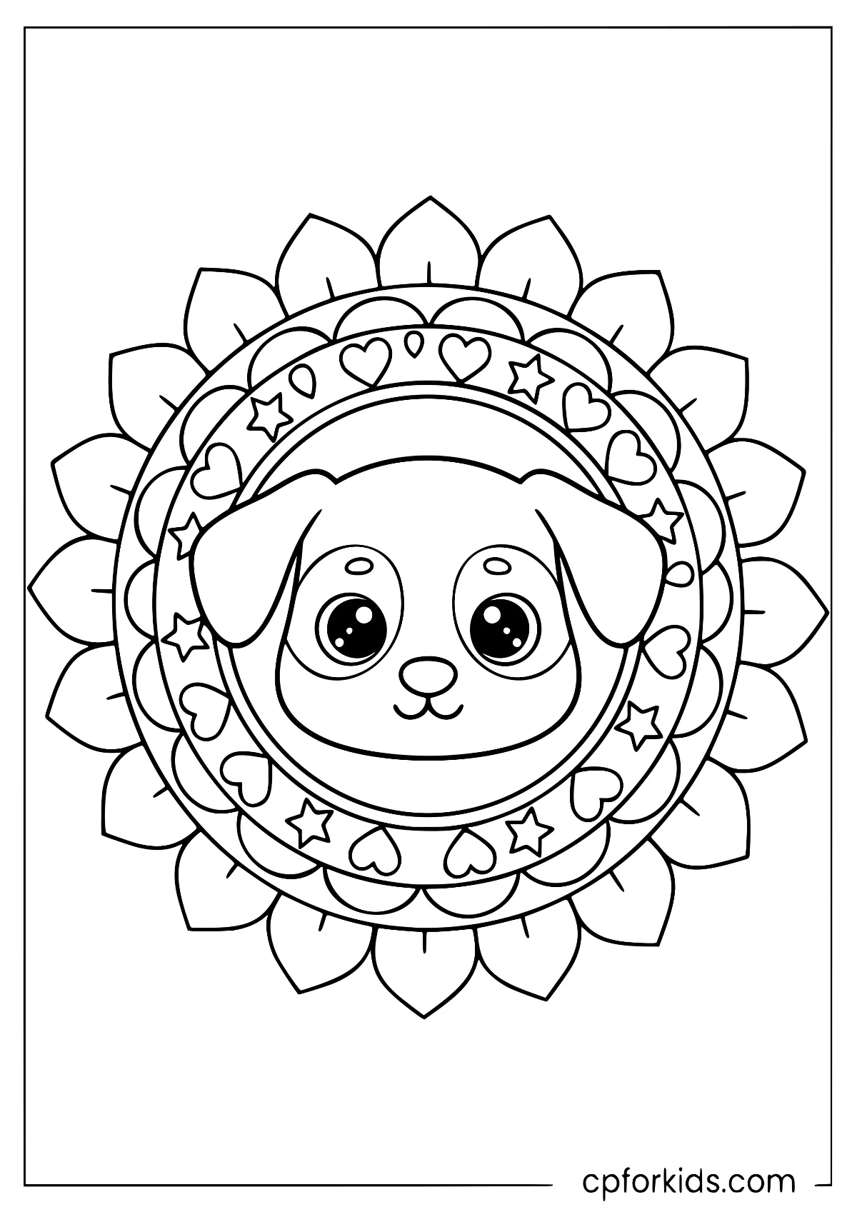 Round-eyed puppy face inside a broad floral mandala
