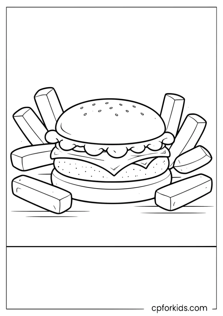 Easy burger surrounded by fries coloring page
