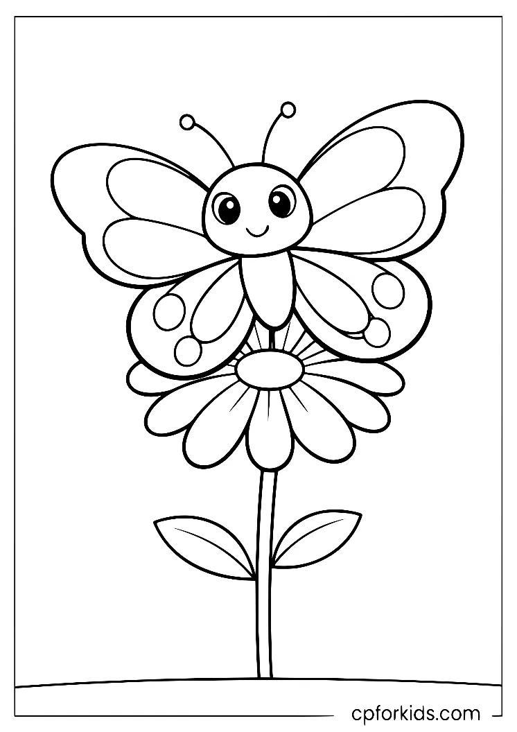 Smiling butterfly perched on a daisy with two leaves