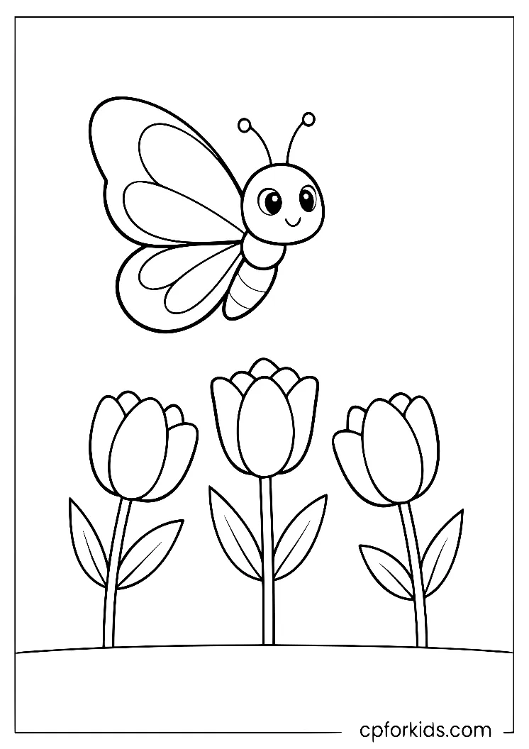 Smiling butterfly flying above three tulips on stems