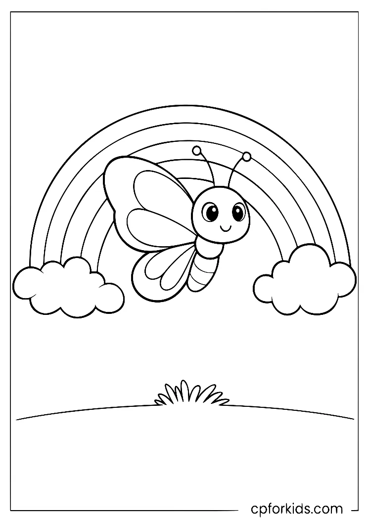 Butterfly beneath a rainbow between two small clouds