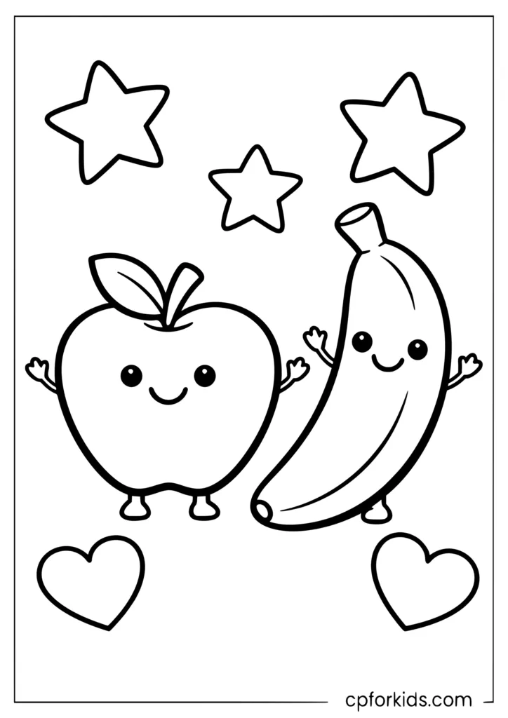 Easy cartoon apple and banana side by side coloring page for toddlers