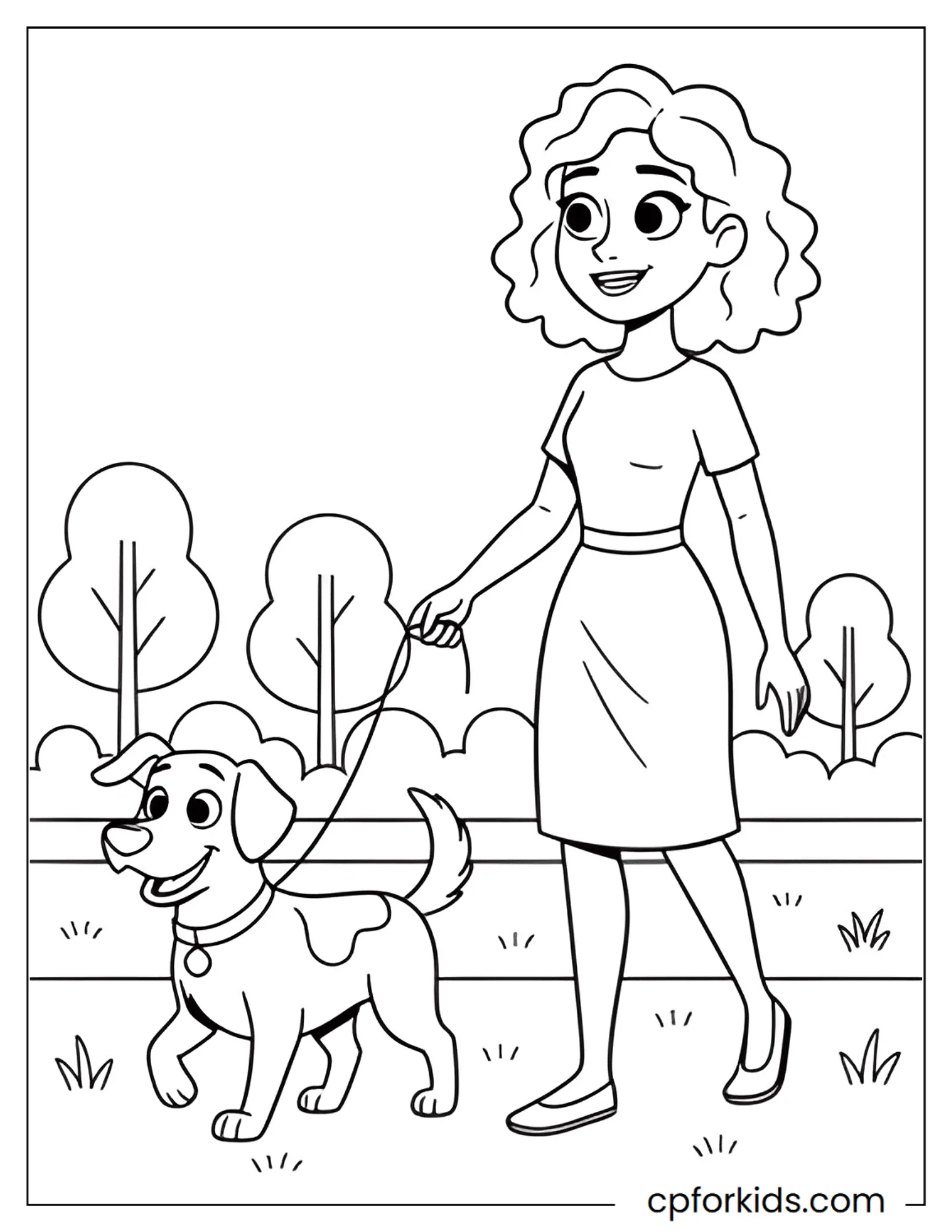 Curly hair girl walking her dog in a sunny park