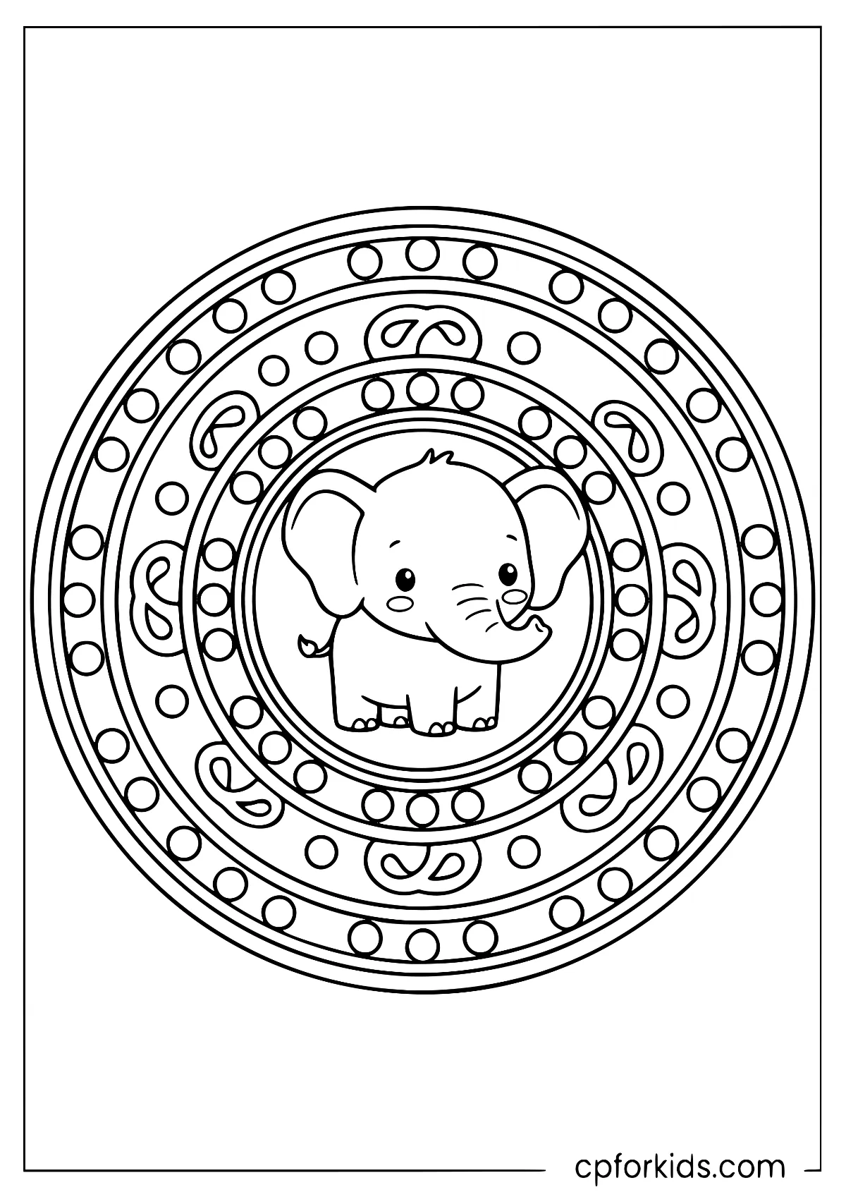 Small elephant surrounded by broad paisley patterns