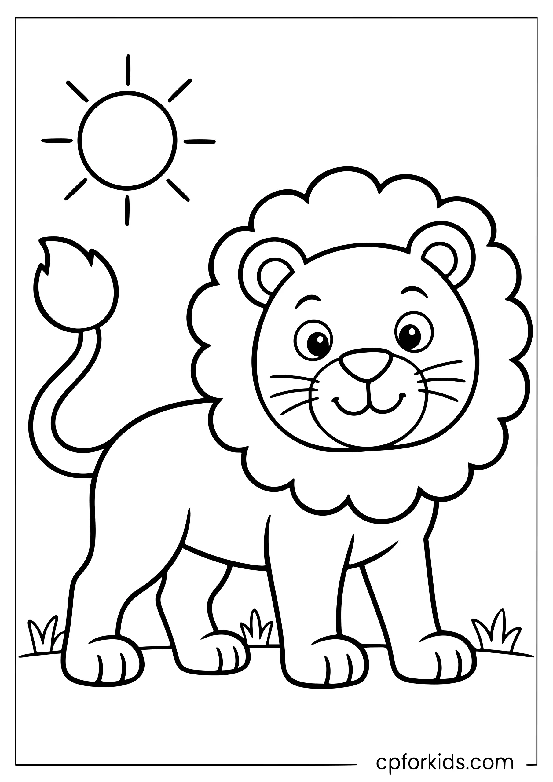 Smiling lion standing on four clearly separated paws