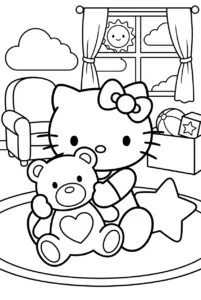 Easy Hello Kitty hugging a large teddy bear on a rug