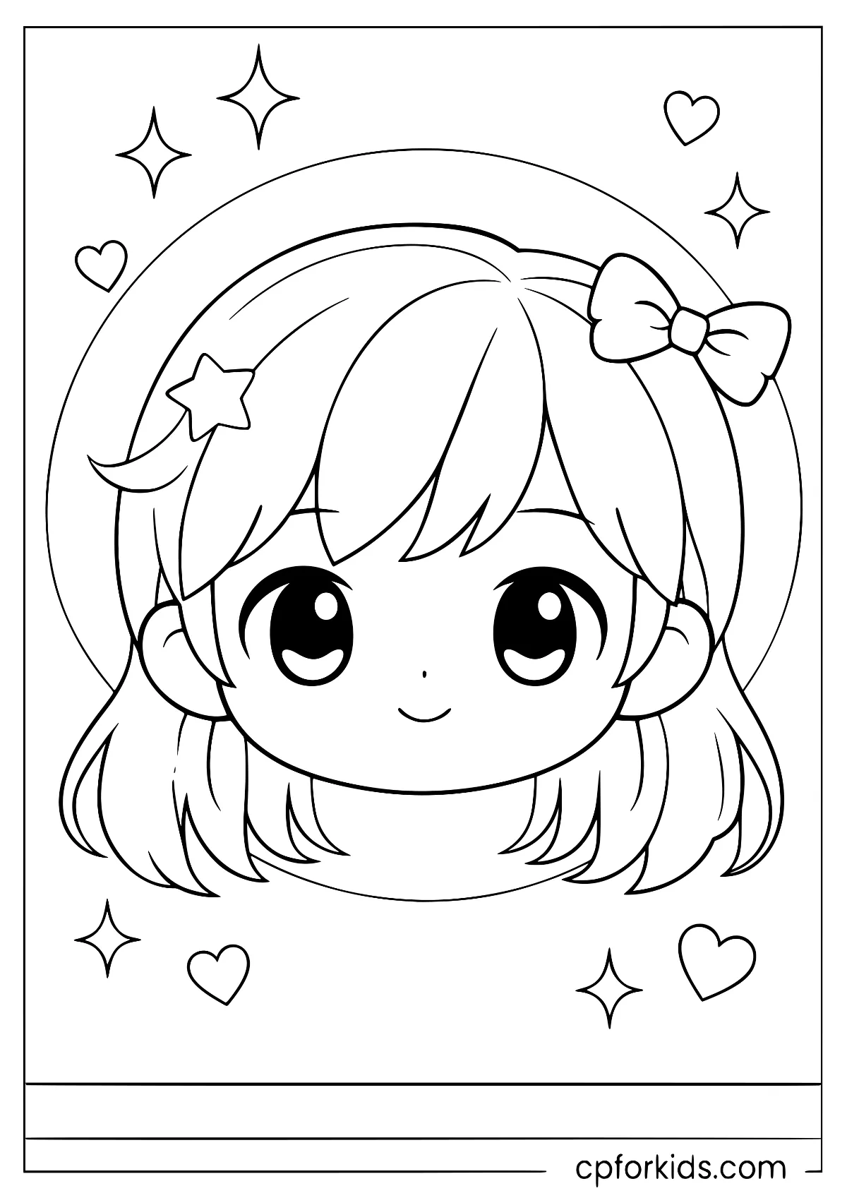 Large chibi girl face with hearts and hair accessories