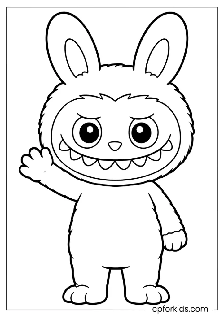 Easy Labubu standing and waving coloring page with big smile for toddlers
