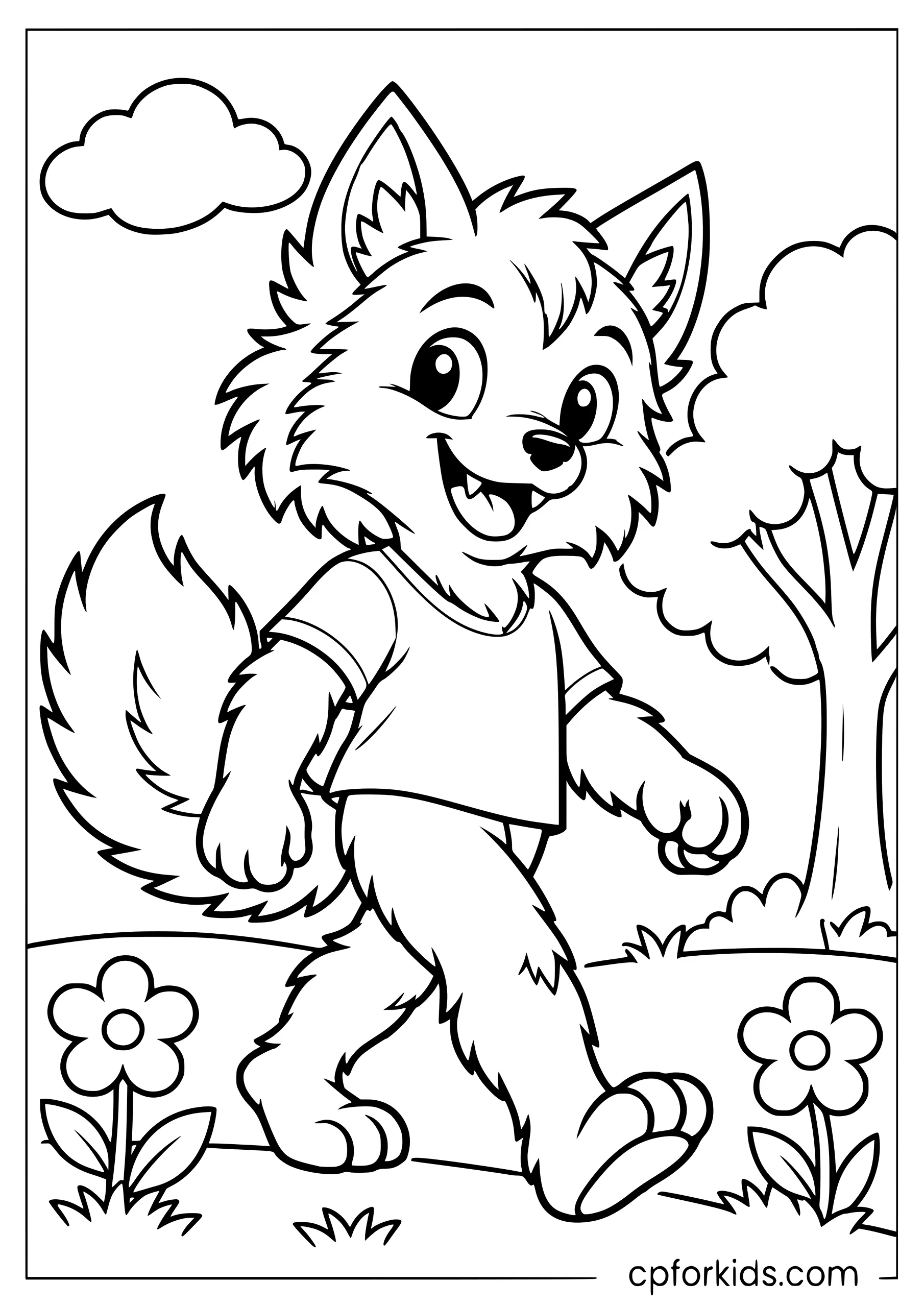 Simple werewolf walking beside a tree and two flowers