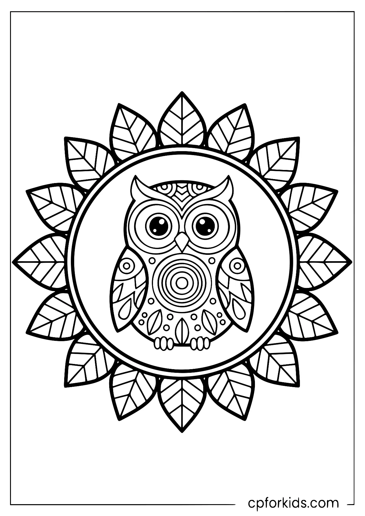 Front-facing owl with large patterned eyes and feathers