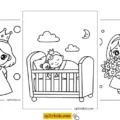 Three easy princess coloring pages showing a princess with a crown, a baby princess in a crib, and a princess holding flowers