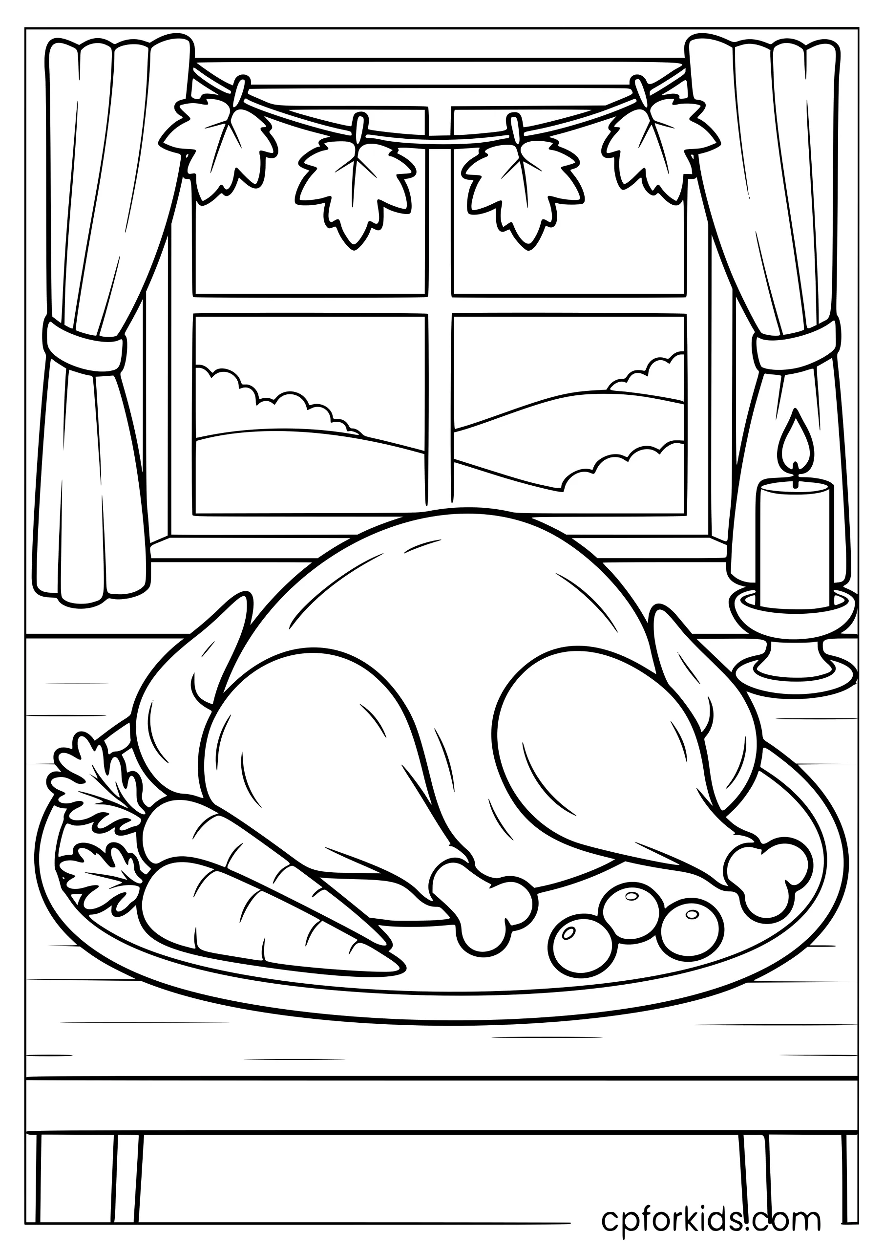 Roast turkey with carrots and peas on a dining table
