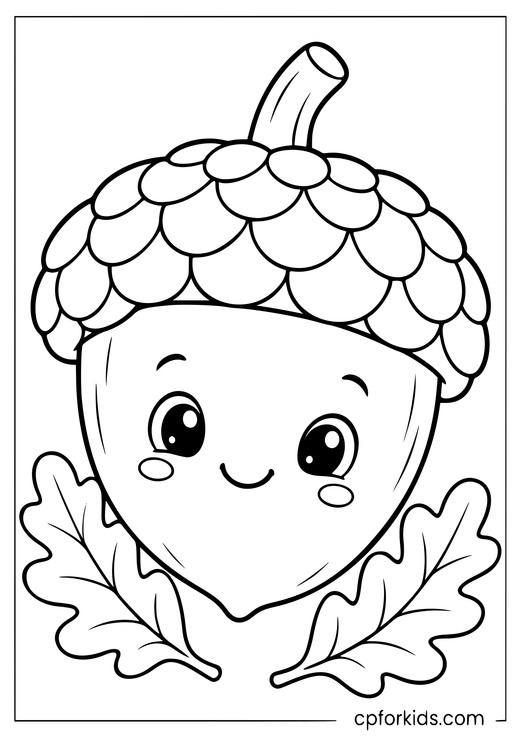 Cute smiling acorn with two simple oak leaves