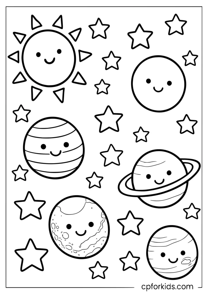 Easy solar system coloring page with large smiling planets and simple outlines for young kids