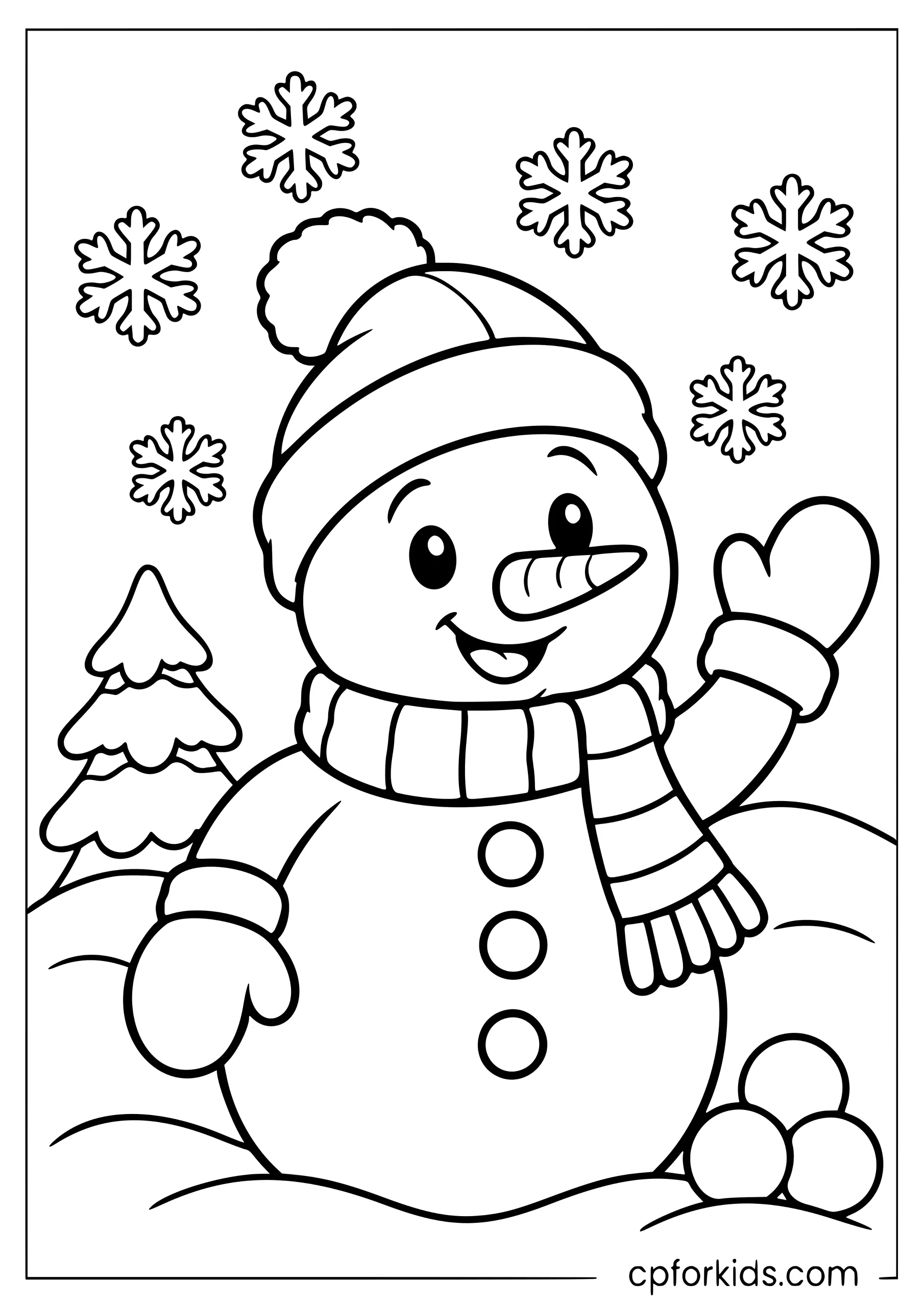 Smiling snowman wearing a hat and striped scarf