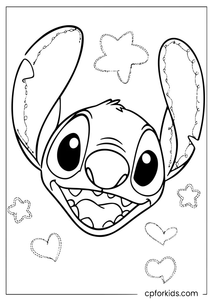 Easy Stitch face close-up with huge ears, wide eyes and hearts around