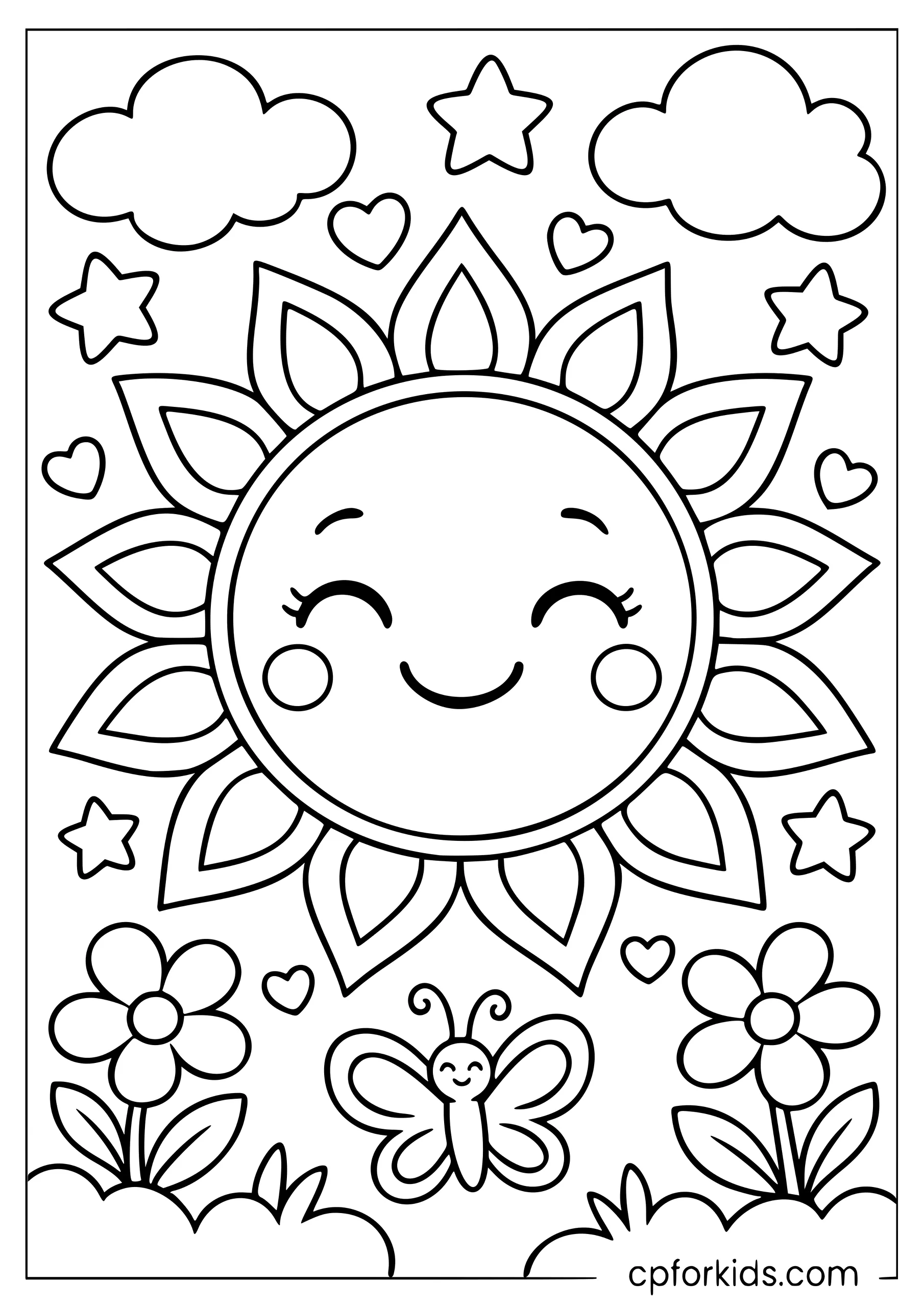 Smiling sun surrounded by twelve broad mandala rays
