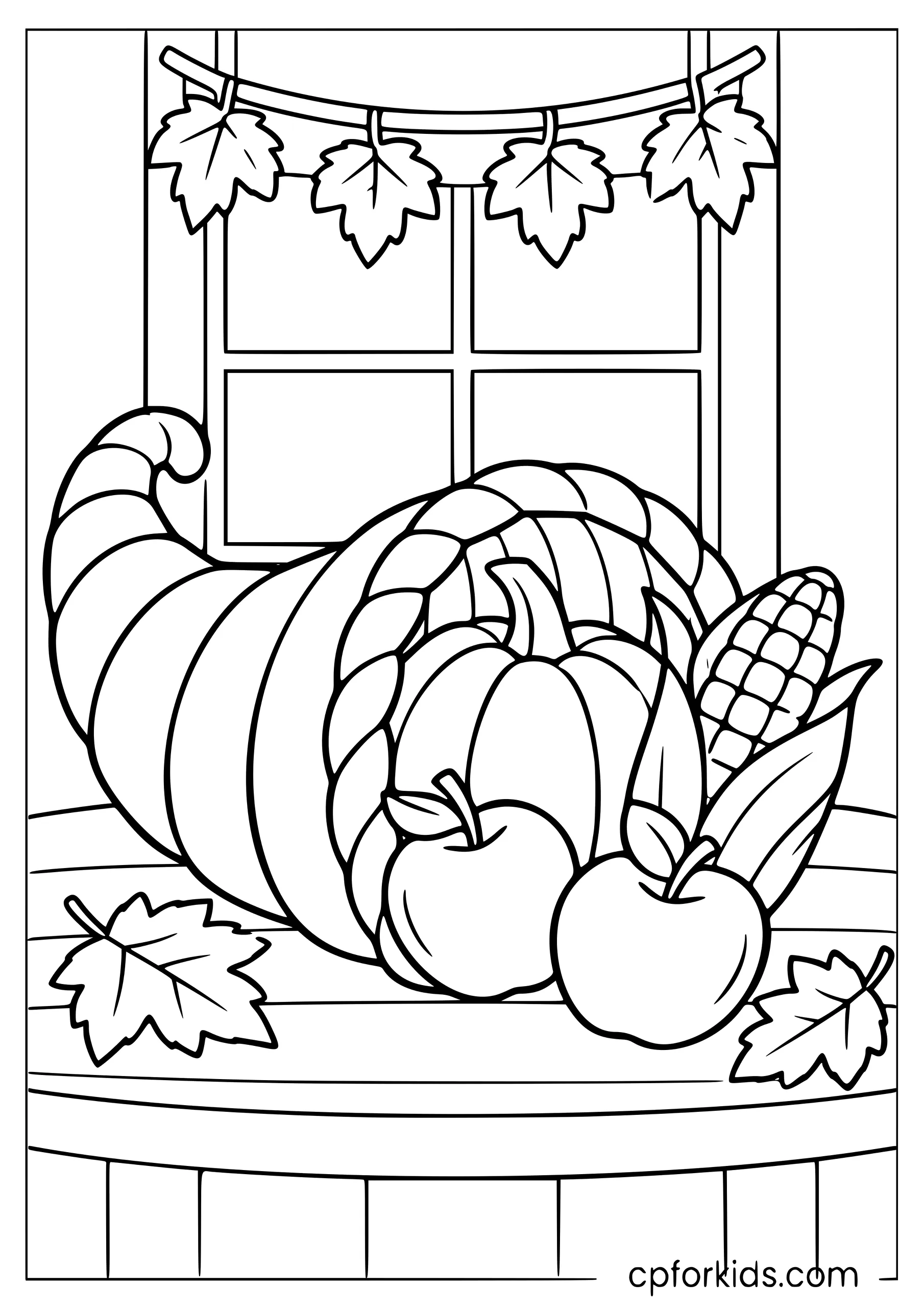 Cornucopia with fruit and corn on a harvest table