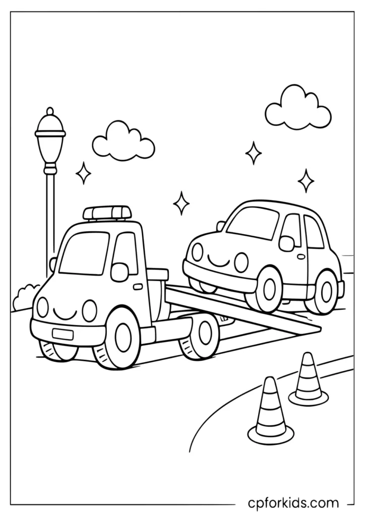 easy tow truck loading car on flatbed coloring page
